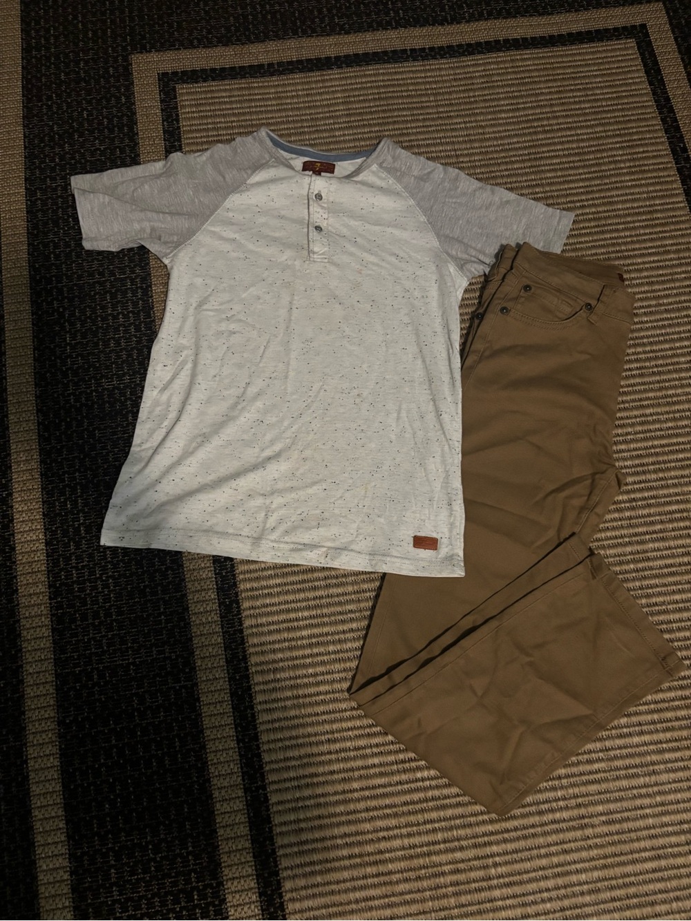 7 For All Mankind Tan Chinos with White Henley and Light Gray Sleeves